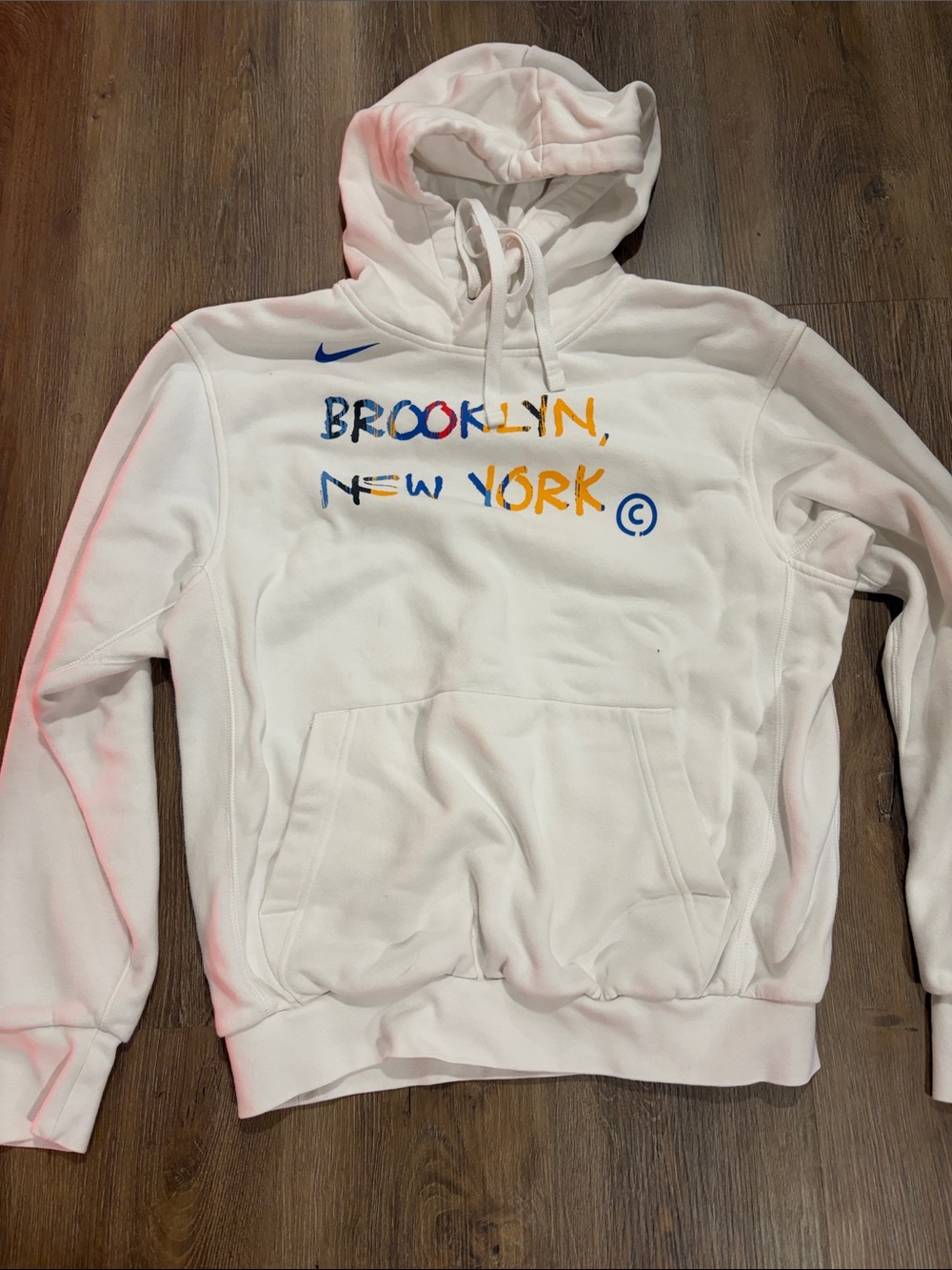 Nike White Crewneck Hoodie with Blue and Yellow Brooklyn Graphic